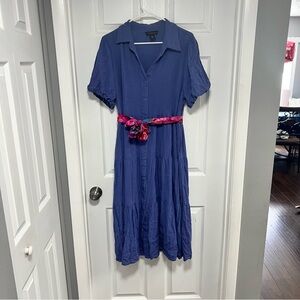 Tahari Blue Midi Dress with Pink Belt Size XL